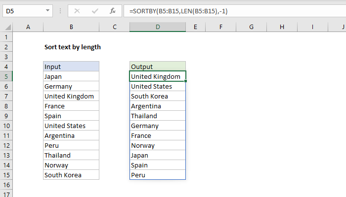 Excel Formula: Sort Text By Length | Exceljet